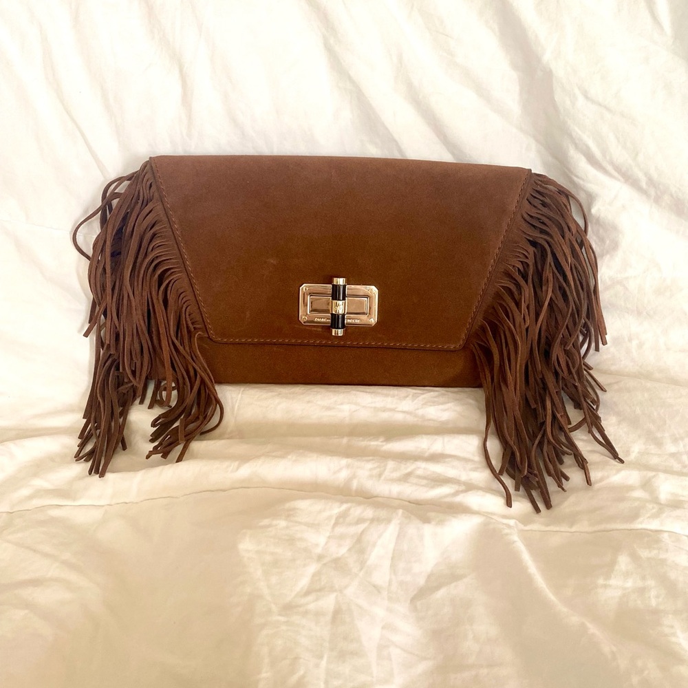Diane von Furstenberg Fringe Brown Suede Clutch NWT